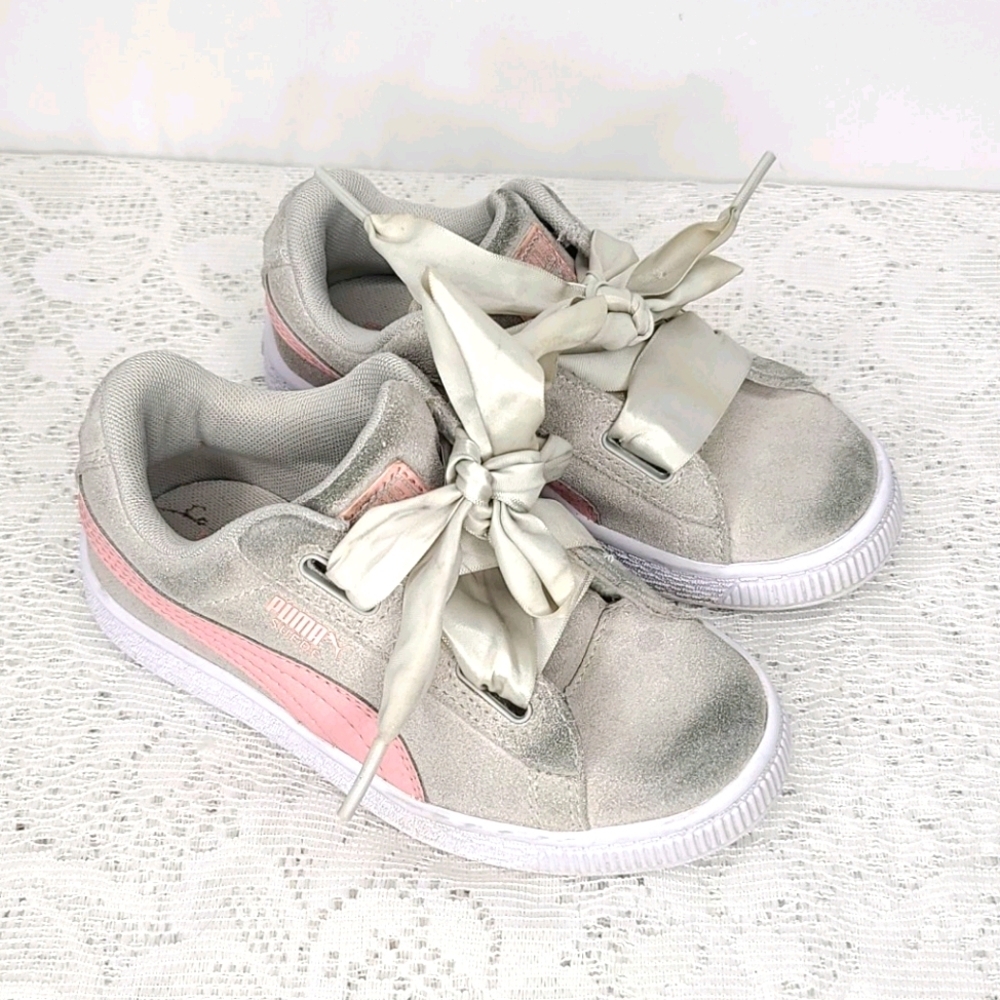 Puma girls suede ribbon lace gray pink shoes 11.5 - Picture 2 of 7